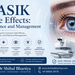 LASIK side effects infographic showing dry eyes, glare and halos, fluctuating vision, light sensitivity, and rare complications, with advanced LASIK diagnostic technology and expert eye care by Dr Shibal Bhartiya in Gurgaon.