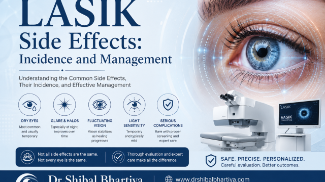 LASIK side effects infographic showing dry eyes, glare and halos, fluctuating vision, light sensitivity, and rare complications, with advanced LASIK diagnostic technology and expert eye care by Dr Shibal Bhartiya in Gurgaon.