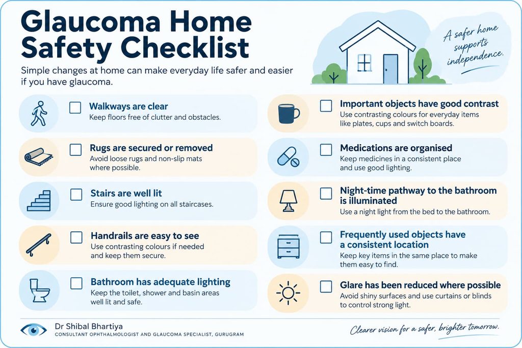 Glaucoma home safety checklist with practical tips for improving lighting, reducing glare, clearing walkways, securing rugs, making stairs and bathrooms safer, using contrast, organising medications, and keeping frequently used items in consistent locations.