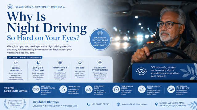 night driving, eye strain, difficulty driving at night, night blindness driving, Dr Shibal Bhartiya, second opinion, best eye doctor in gurgaon