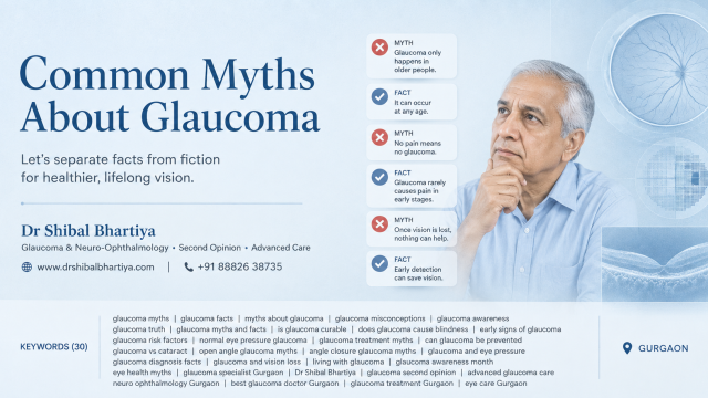 Dr. Shibal Bhartiya fellowship-trained glaucoma specialist Gurgaon discussing glaucoma myths and treatment facts with patient
