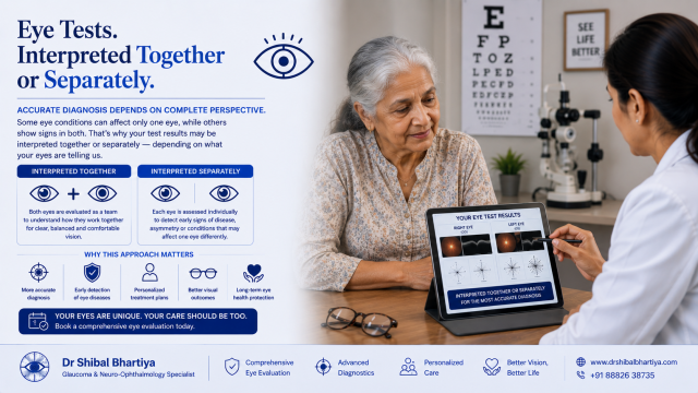 Dr Shibal Bhartiya glaucoma specialist Gurgaon reviewing longitudinal visual field and OCT results together during patient consultation