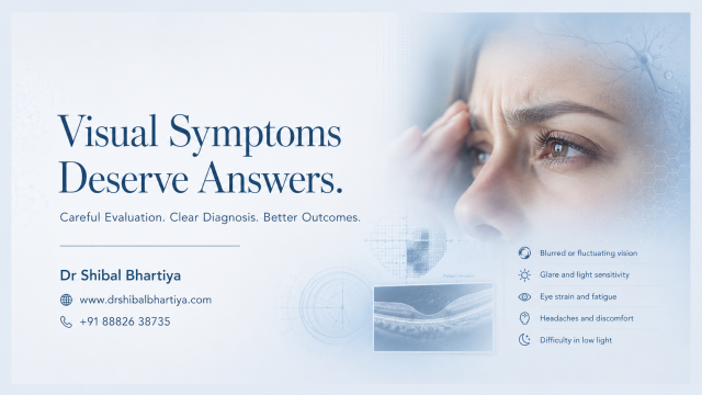 Dr Shibal Bhartiya ophthalmologist Gurgaon discusses vision symptoms with patient during subspecialty consultation