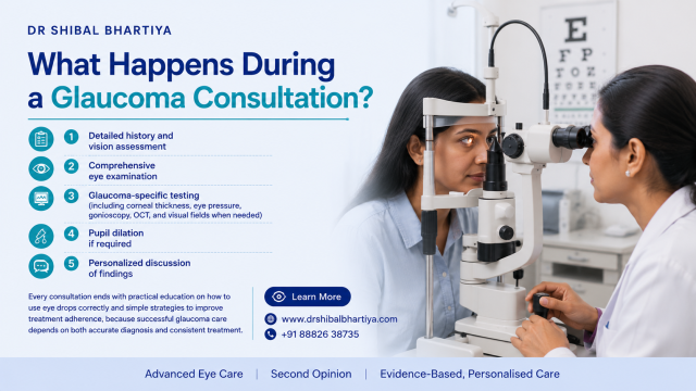 Dr Shibal Bhartiya Gurgaon glaucoma consultation infographic showing diagnostic testing and treatment pathway steps