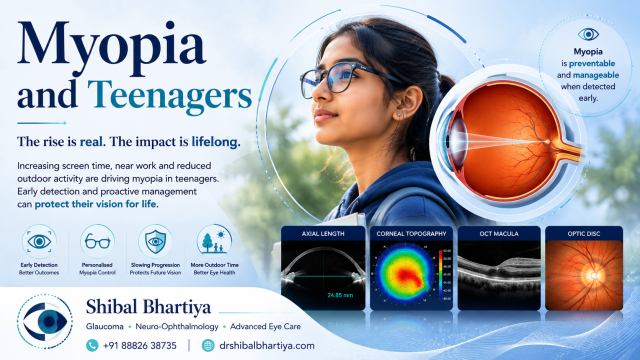 Myopia is becoming increasingly common in teenagers due to the puberty growth spurt, more screen time, prolonged near work, and reduced outdoor activity. In Gurgaon, Dr Shibal Bhartiya consults about Myopia prevention strategies