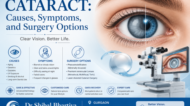 Cataract awareness banner showing cloudy lens changes, cataract symptoms, advanced cataract surgery technology, intraocular lens options, and expert cataract care by Dr Shibal Bhartiya in Gurgaon.