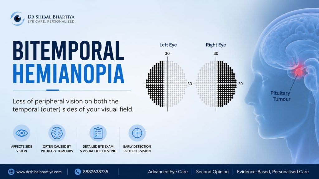 The classic pattern of vision loss with pituitary tumours is bitemporal hemianopia: loss of the outer half of the visual field in both eyes, while central vision remains sharp for a surprisingly long time.