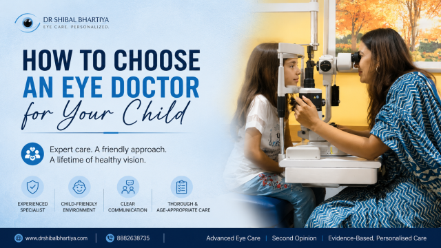 Dr Shibal Bhartiya, eye doctor in Gurgaon, ophthalmologist creating a calm and friendly environment during a child's eye examination with parents present.