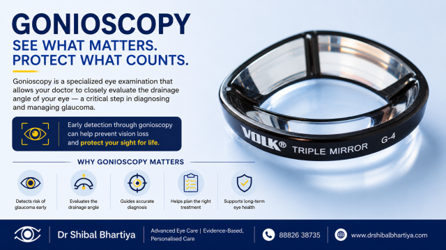 Gonioscopy in Gurgaon — Dr Shibal Bhartiya uses a three mirrored lens to view the eye's drainage angle