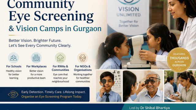 Community eye screening and vision camp in Gurgaon with children and adults undergoing eye and vision assessments by a healthcare professional.