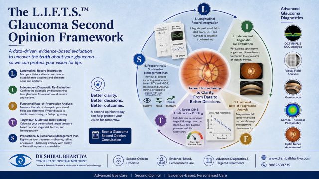 Dr Shibal Bhartiya's L.I.F.T.S.™ Glaucoma Second Opinion Framework, a five-step evidence-based approach to evaluating glaucoma progression, diagnosis, target eye pressure, and personalised treatment planning.