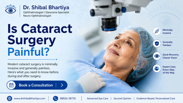 Cataract surgery is not painful. If you feel pain beyond a little discomfort, please tell your eye doctor immediately