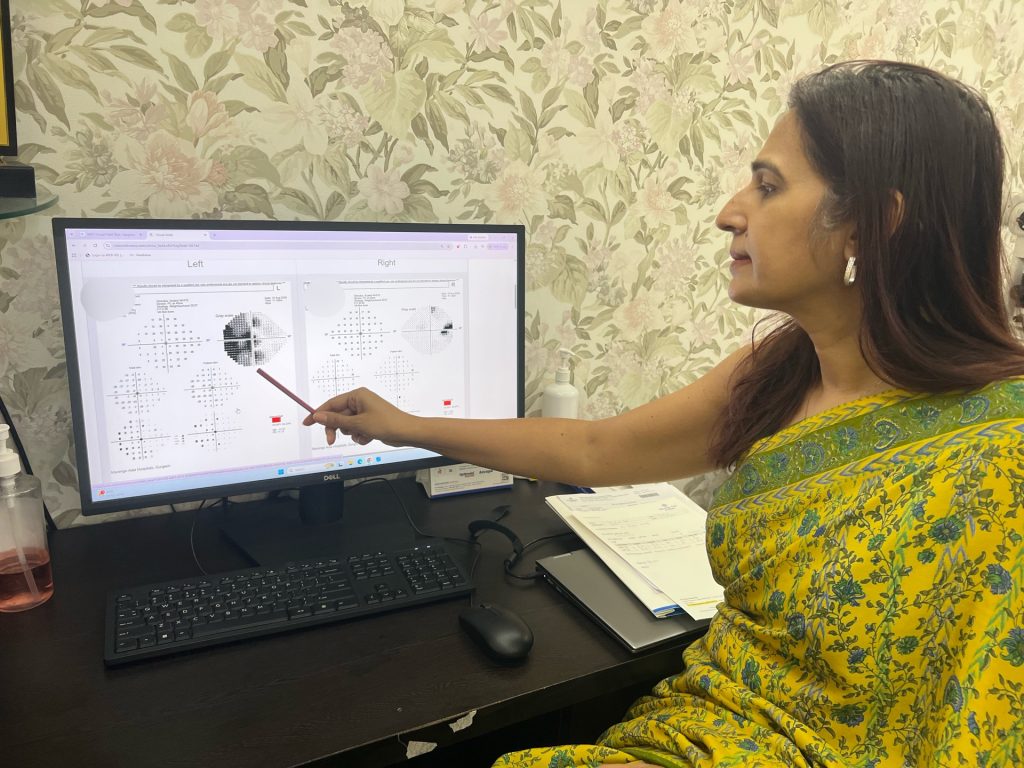 Dr Shibal Bhartiya explaining the visual field defect in a patient with a pituitary adenoma, at her clinic in Gurgaon.