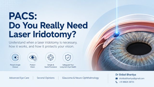 Dr Shibal Bhartiya, Gurgaon glaucoma specialist, explaining PACS and laser iridotomy risk assessment to a patient