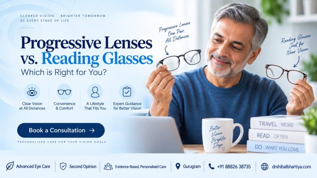 Dr Shibal Bhartiya explains progressive lens focal corridors for distance, intermediate, and reading vision compared to single-vision reading glasses
