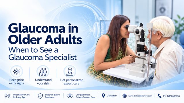 Dr Shibal Bhartiya glaucoma specialist Gurgaon reviewing an older patient's glaucoma with family